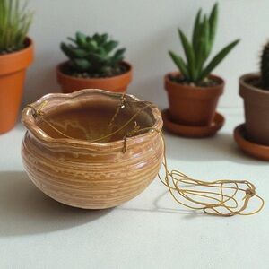 VTG Japanese Hanging Ceramic Planter Brown Drip Glaze MCM Boho Pot